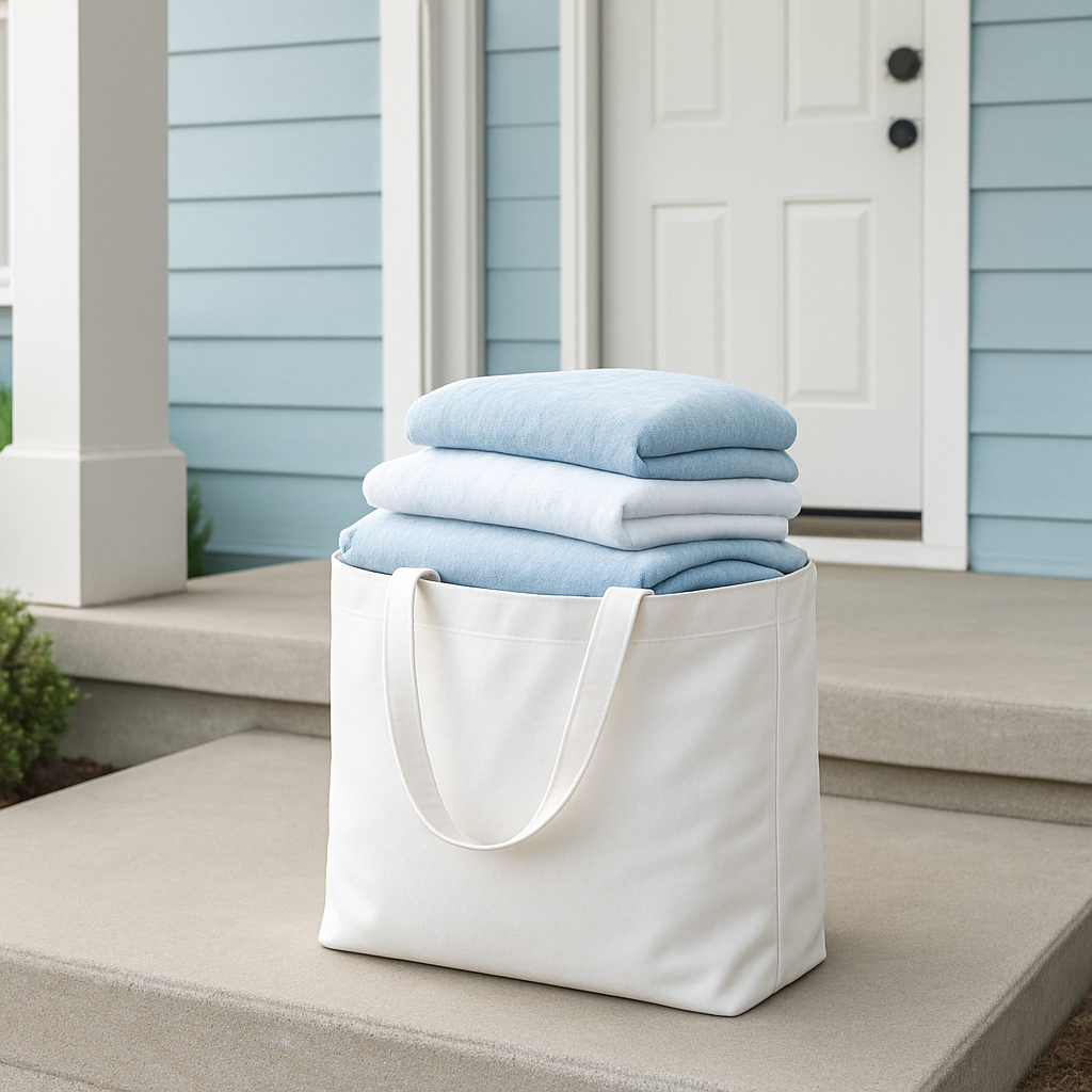 A neatly packed laundry bag ready for doorstep pickup